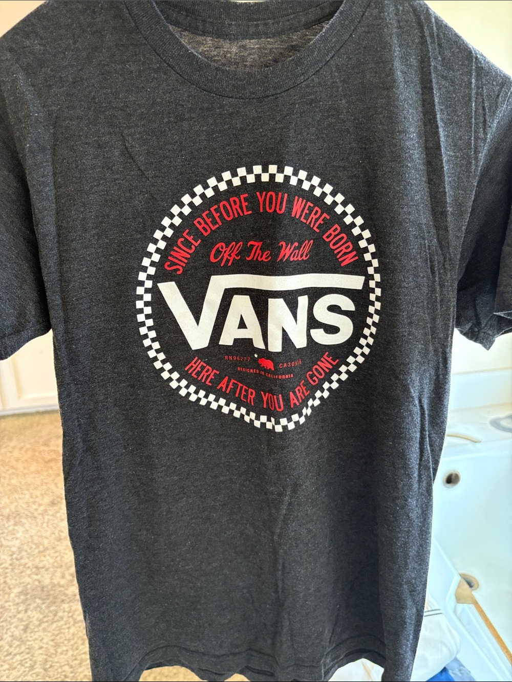 Vans Charcoal Graphic Logo Tee with White and Red Print